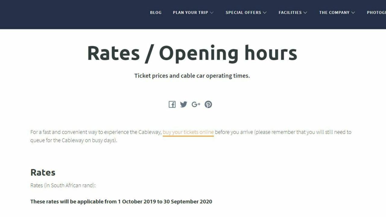 Buy tickets online rates page Cableway 90