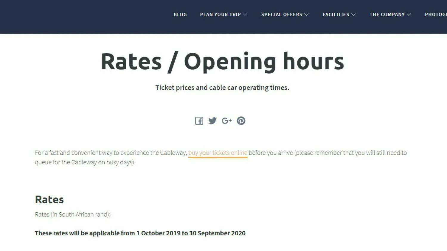 Buy tickets online rates page Cableway 90